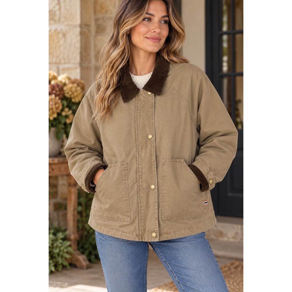 Hunter Womens M Tan Canvas Cotton Barn Jacket Brown Corduroy Collar Quilted